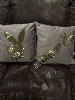PLAYBOY NWT Mauve Pillow Pair with Gold Sequin Bunny Head and 'HOP ON’ Design